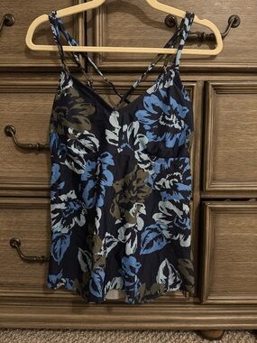 Kona Sol Navy Floral Strap tankini top Sz L Flowy loose fit Adjustable straps